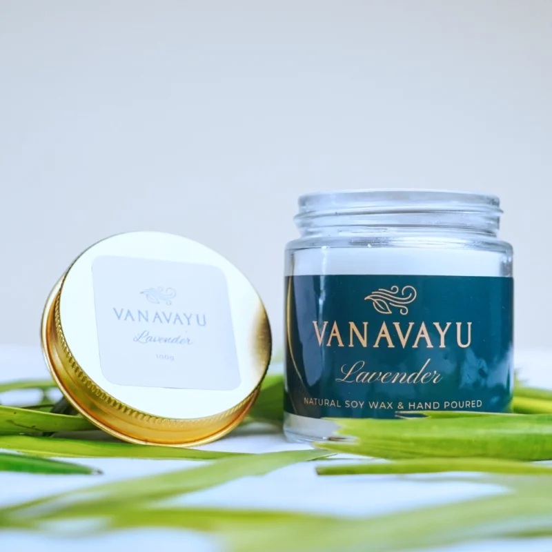Vanavayu Lavender soy wax candle in glass jar with gold lid