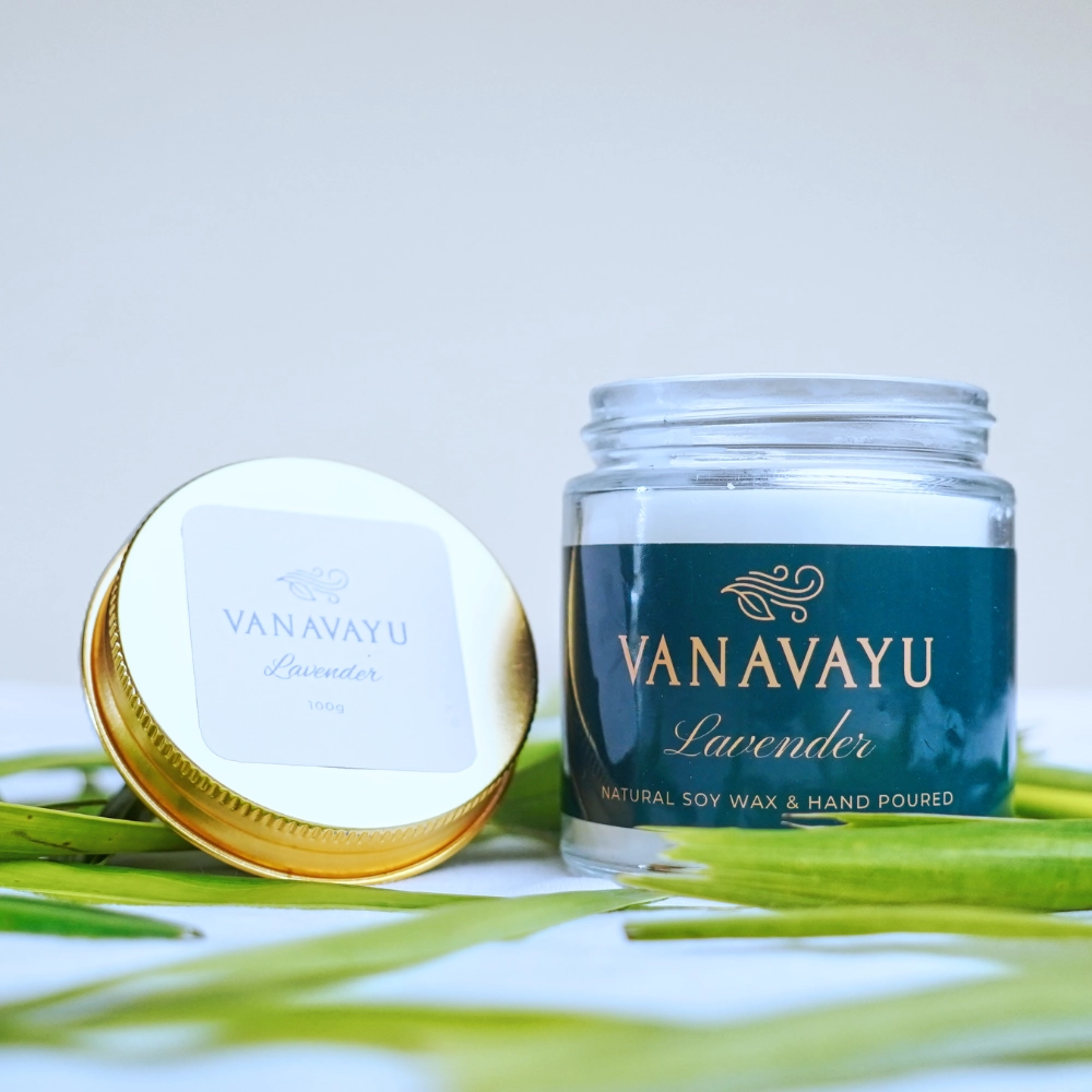 Vanavayu Lavender soy wax candle in glass jar with gold lid