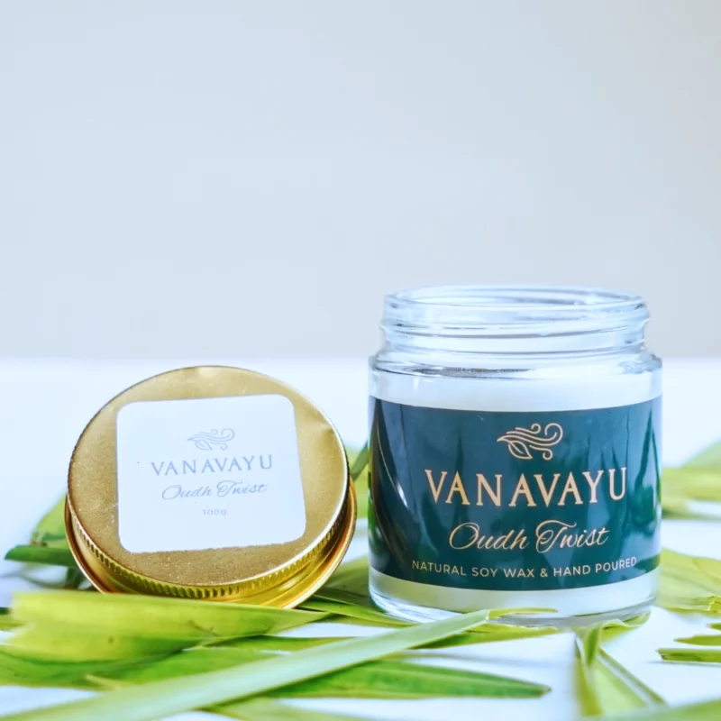 Vanavayu Oudh Twist soy wax candle in glass jar with gold lid