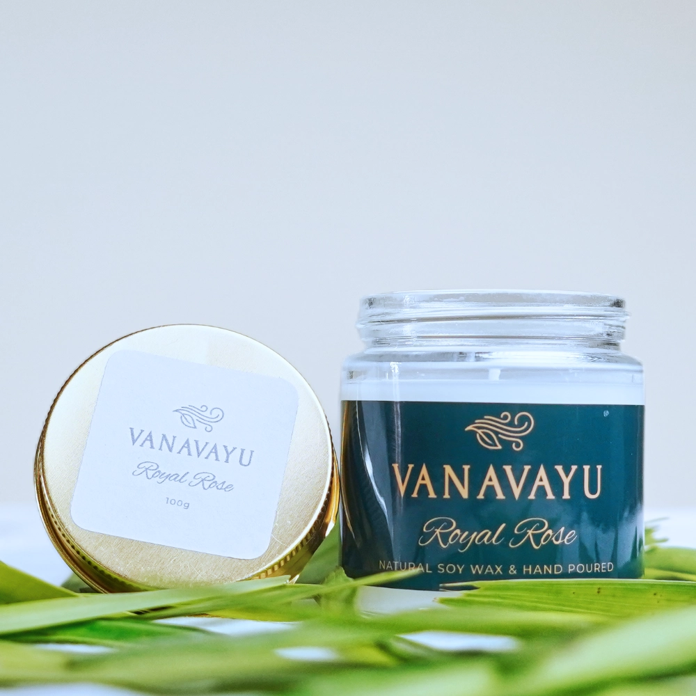 Vanavayu Royal Rose soy wax candle in glass jar with gold lid