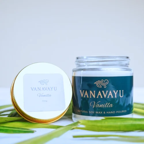 Vanavayu Vanilla soy wax candle in glass jar with gold lid