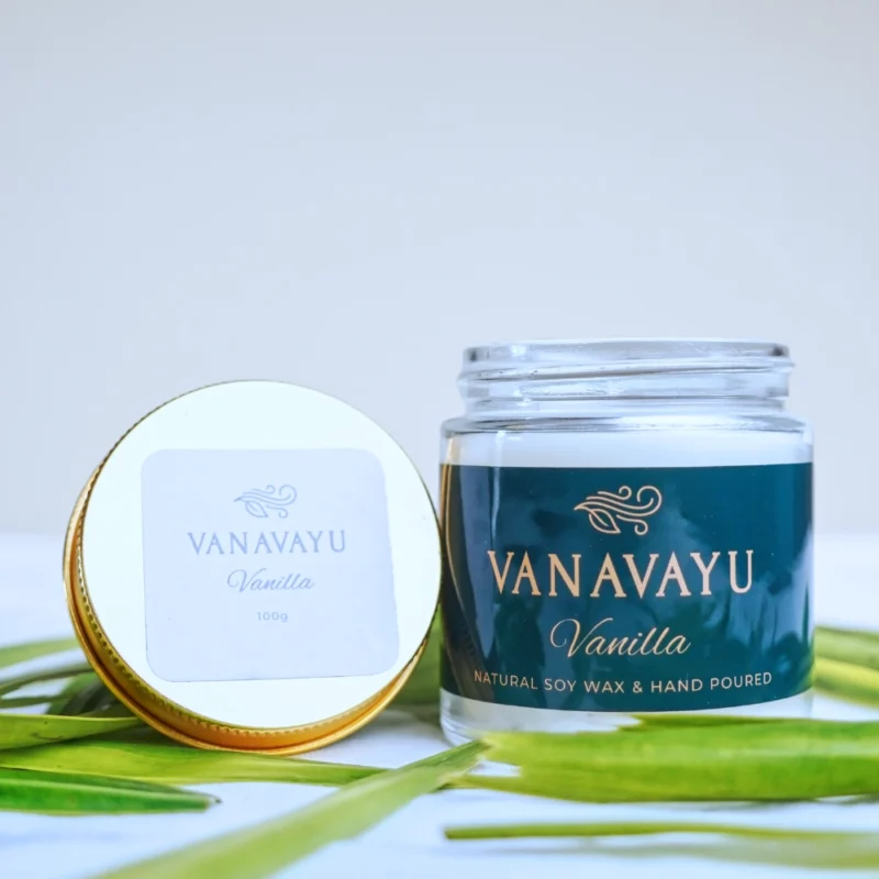 Vanavayu Vanilla soy wax candle in glass jar with gold lid
